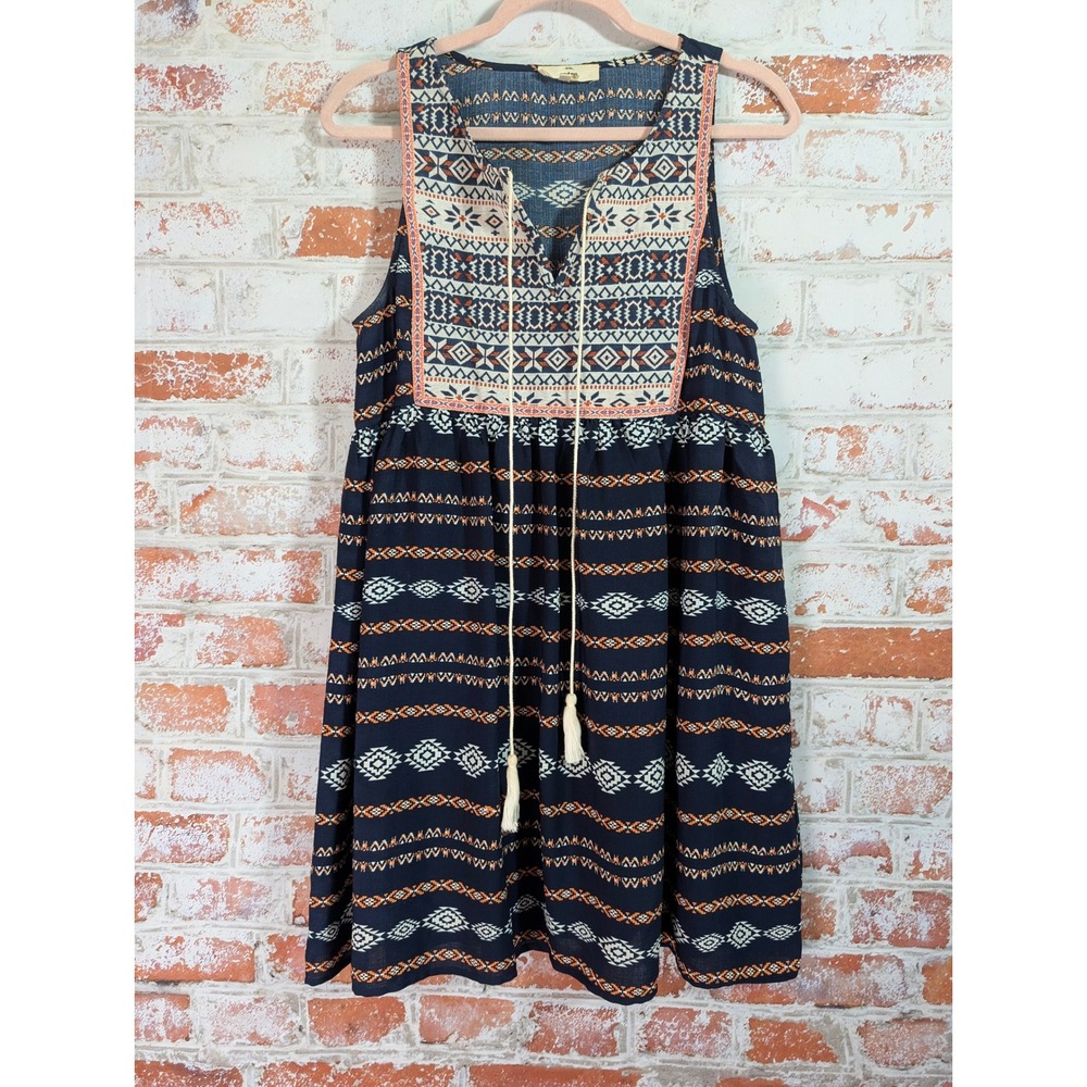 Entro Mini Dress Women M Navy Blue Geometric Embroidered Tassel Boho D4858